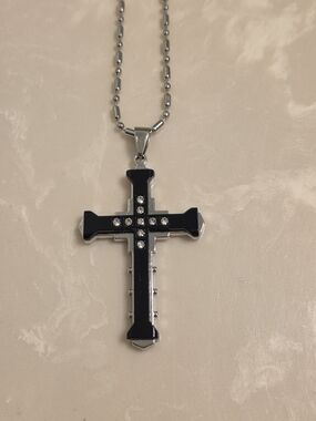 Men's Silver CZ and Onyx Cross Necklace